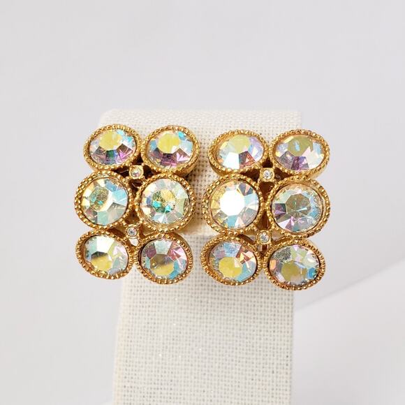 Vintage Signed Stanley Rhinestone AB Gold Tone Curved Clip On Earrings 1" - Picture 1 of 6